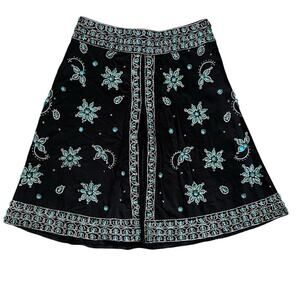 Basil & Maude Vintage Women’s High Waisted Turquoise Beaded Black A Line Skirt